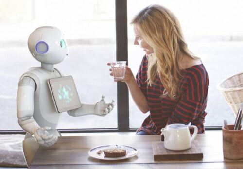 Humanoid autonomous smart Robot dances above martian sea after a